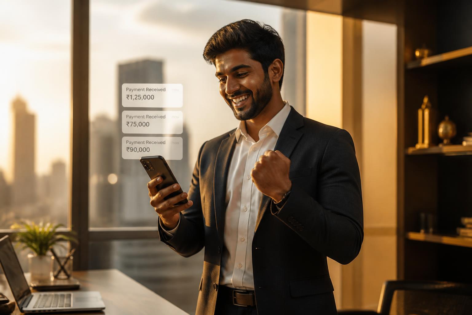 After: confident, celebrating payment notifications on a phone
