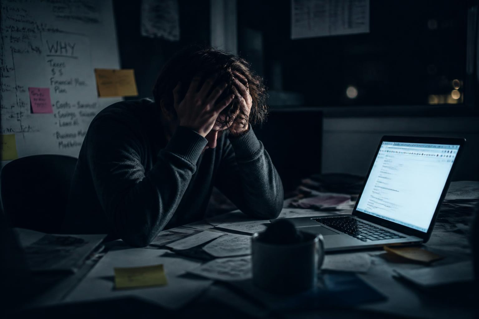 Before: overwhelmed, head in hands at a cluttered desk